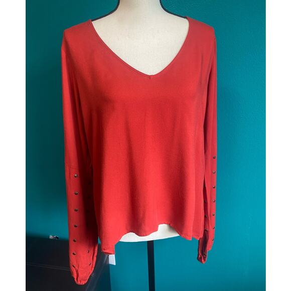 For Love & Lemons Red V-Neck Studded Balloon Sleeve Shirt Women's Medium - Picture 2 of 9